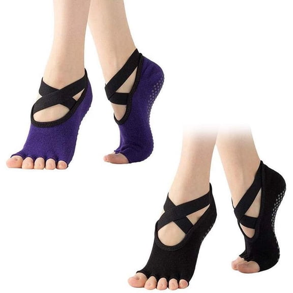 Pilates Ballet Socks for Women, Toeless Non Slip Skid Open Toe Gripper Sock - Pure Barre, Dance,2 Pairs,Black & Purple