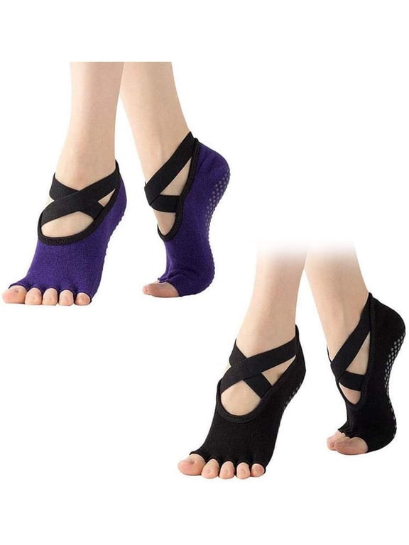 Pilates Ballet Socks for Women, Toeless Non Slip Skid Open Toe Gripper Sock - Pure Barre, Dance,2 Pairs,Black & Purple