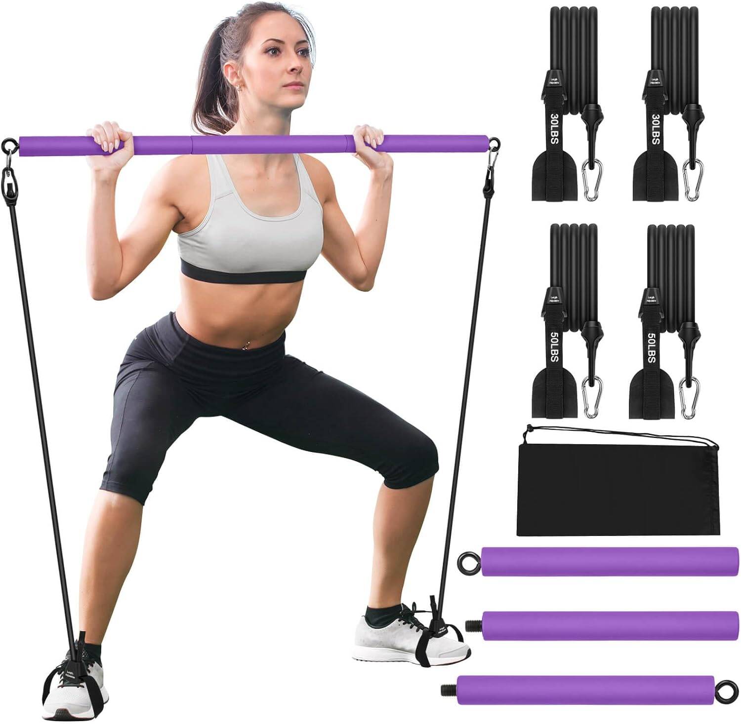 Pilates Bar Kit with 4 Resistance Bands, Portable Pilates Bar for Home Gym Workout, Adjustable 3