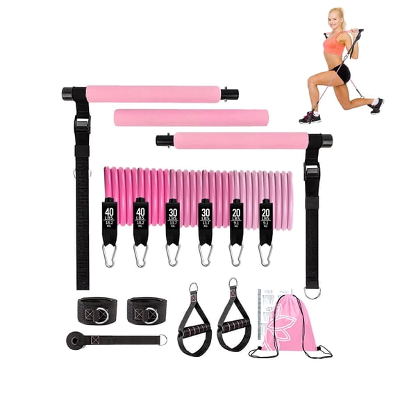 Pilates Bar Kit with Resistance Bands, Exercise Fitness Equipment for Women & Men, Home Gym Workouts Stainless Steel Stick Squat Yoga Pilates Flexbands Kit for Full Body Shaping180lbPink