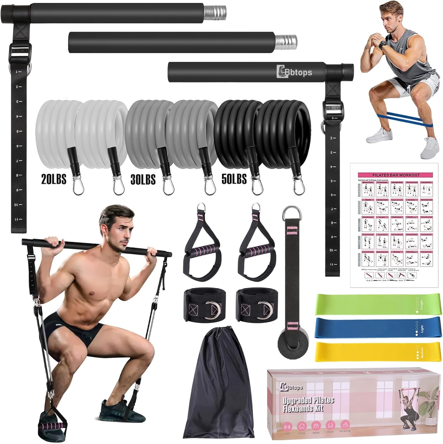 Pilates Bar Kit with Resistance Bands,Pilates Bar with Stackable Bands Workout Equipment for Legs,Hip,Waist and Arm,Exercise Fitness Equipment for Women & Men Home Gym Yoga Pilates
