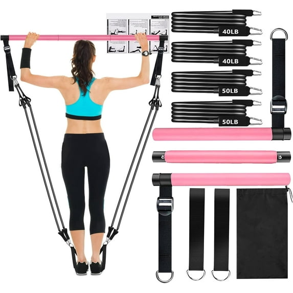 Pink Pilates Bar Kit with Resistance Bands, Workout Equipment for Home Gym