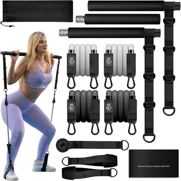 Pilates Bar Kit with Resistance Bands, Stretched Pilates Bar for Women & Men, 140 lbs Equipment for , , , Arms, , Core, Adjustable 3-Section Gym Kit for Full- Workouts