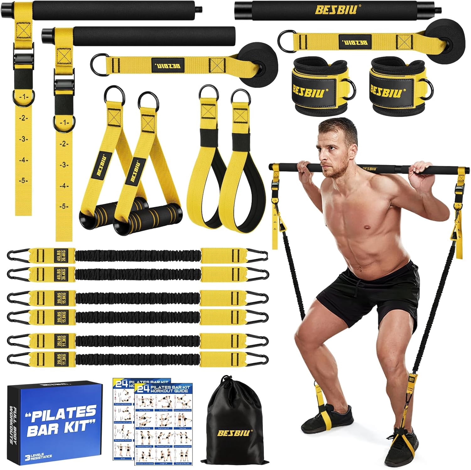 Kit Barra Pilates Con 4 Fasce Elastiche – Home Gym Fitness Per Allenamento Completo