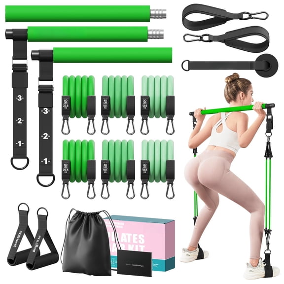 Pilates Bar Kit With Resistance Bands - Adjustable Home Gym Workout Equipment For Women & Men Portable Squats Yoga Full Body Toning