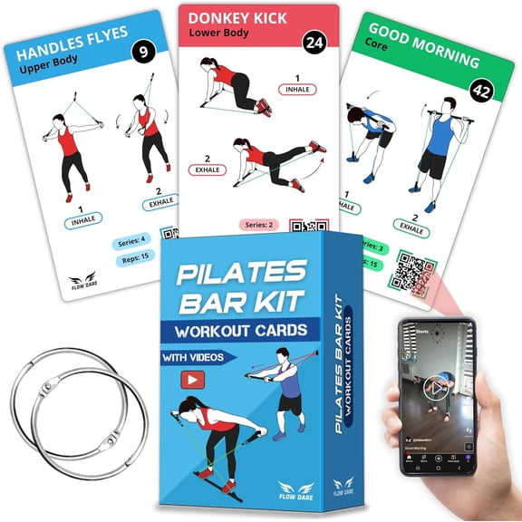 Pilates Bar Kit Workout Cards 62 Exercise Cards Deck with Videos & Workout Plan - Includes 8-Week Challenge, Chart & 2 Rings for Easy Organization - Home Exercise Bar Guide for Women & Men