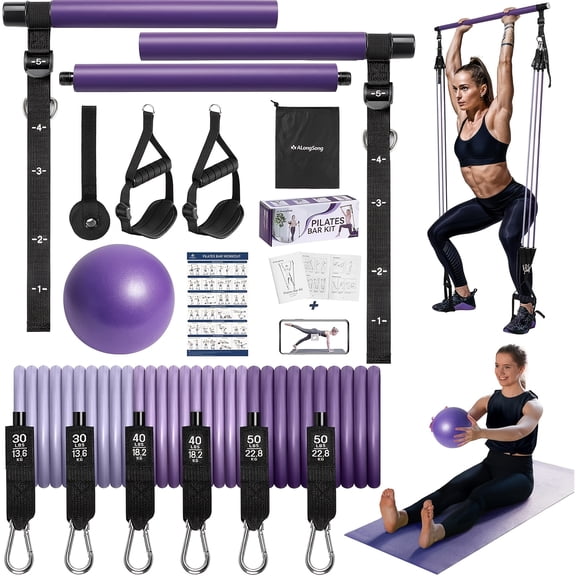 Pilates Bar Kit w/ Natural Latex Resistance Bands 20-240LBS, Heavy-Duty Stainless Steel Yoga Stick for Full-Body Home Gym Workouts