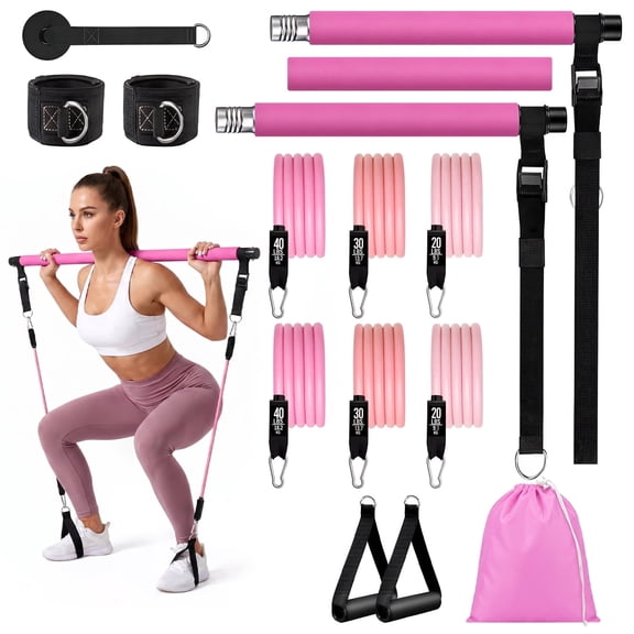 Pilates Bar Kit with Resistance Bands, Adjustable 3-Section Yoga Pilates Kit, Exercise Bands Workout Equipment for Legs, Hips, Arms & Waist, Home Workouts Fitness Equipment for Women & Men