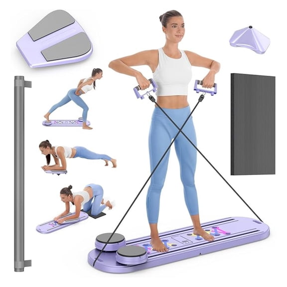 Pilates Board 7-in-1, Foldable Pilates Reformer for Women, Ab Trainer with Resistance Bands, Full Body Home Workout Equipment, Portable Exercise Board with Timer