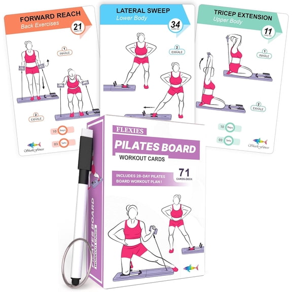 Pilates Board Workout Cards | 71 Reformer Board Exercise Cards with Postures, Instructions & Breathing Tips | Waterproof Color-Coded Fitness Cards Deck + 28 Day Challenge with Dry-Erase Marker
