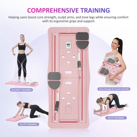 Pilates Board for Home Workout, 4 in 1 Portable Pilates Reformer Set, Multifunctional Ab Trainer with Resistance Bands & LED Timer