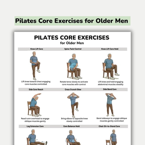 Pilates Core Exercise Poster Ab Exercise Program For Elderly Men, Low Intensity Core Training, Elderly Men's Exercise Table Poster, Home Exercise Poster poster