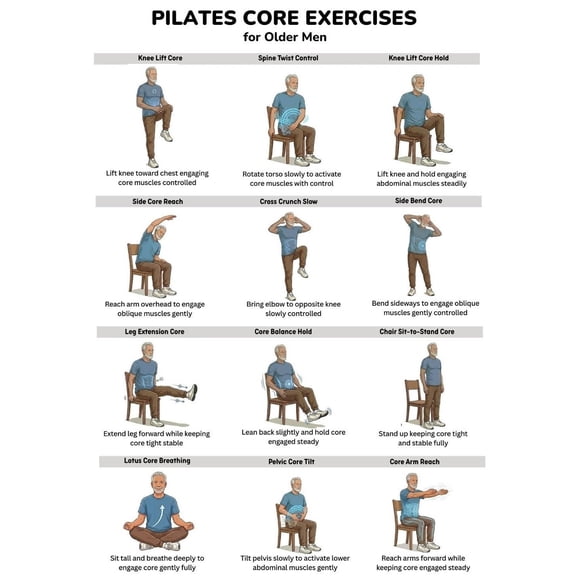 Pilates Core Exercise Poster Ab Exercise Program For Elderly Men, Low Intensity Core Training, Elderly Men's Exercise Table Poster, Home Exercise Poster