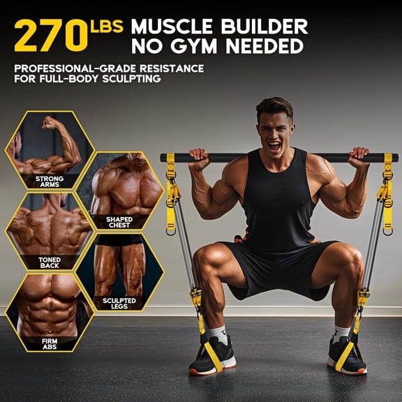 Pilates Bar Kit with Resistance Bands - Heavy Duty Squat Workout Equipment for Home Gym