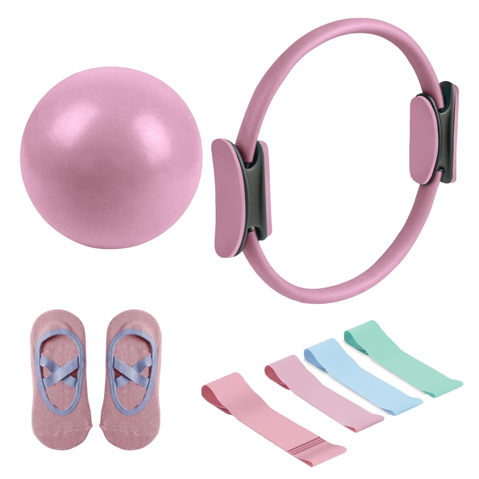 Pilates Essential Kit, with Toning Ring, Resistance Bands, Loop Bands, Soft Ball & Grip Socks, Portable Home Gym Equipment for Core Strength & Flexibility (Purple)