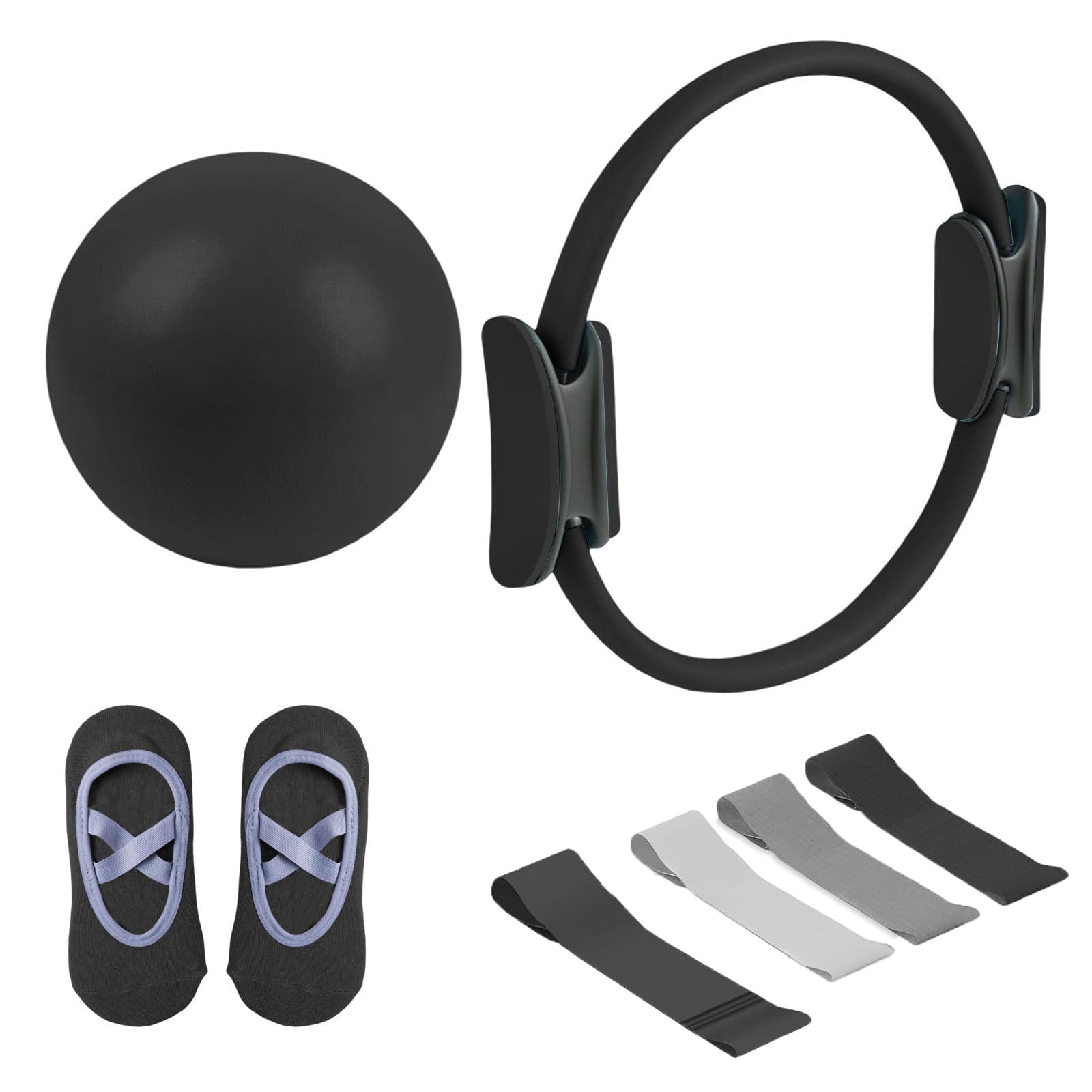 Pilates Essential Kit, with Toning Ring, Resistance Bands, Loop Bands, Soft Ball & Grip Socks, Portable Home Gym Equipment for Core Strength & Flexibility (Purple)