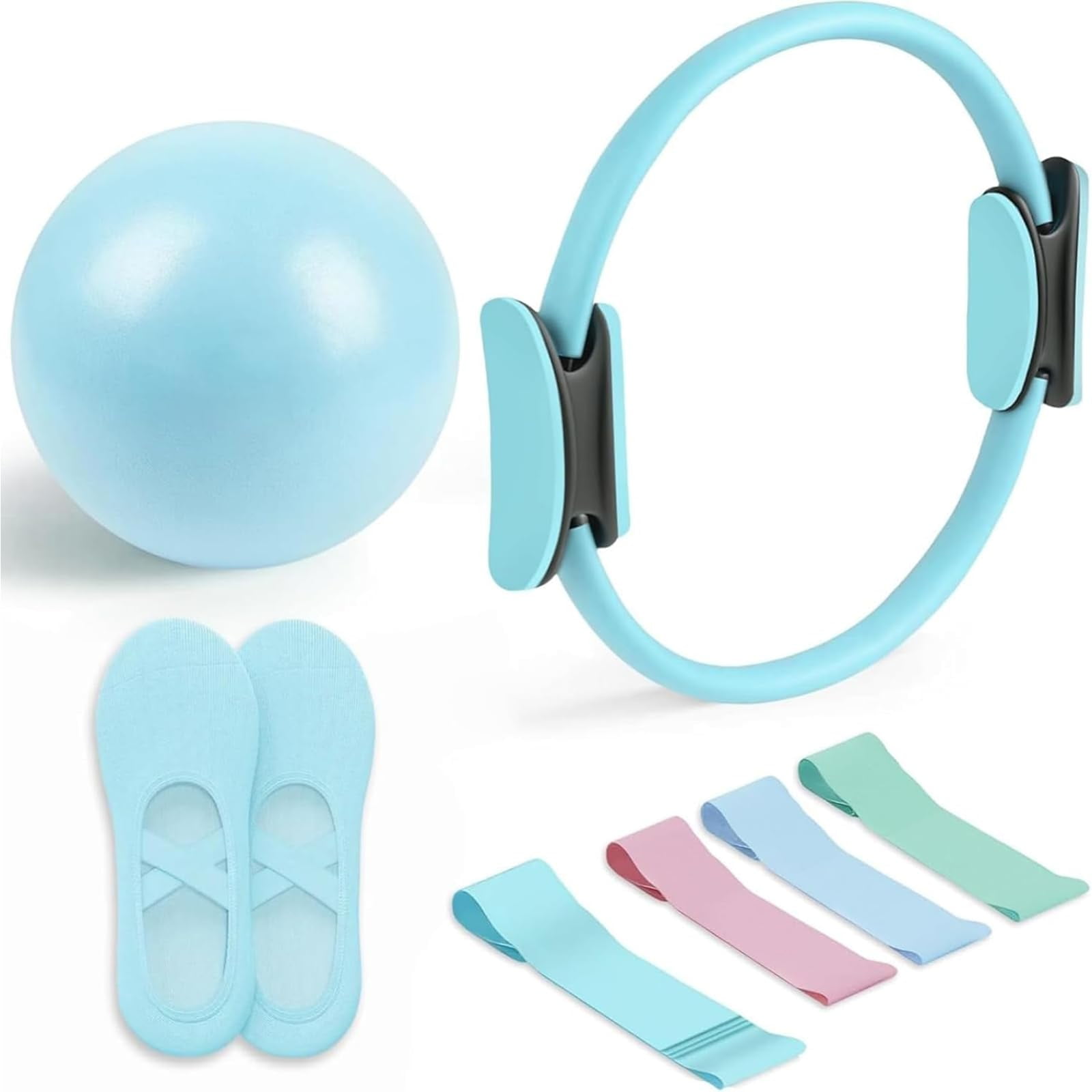 Pilates Essential Kit, with Toning Ring, Resistance Bands, Loop Bands, Soft Ball & Grip Socks, Portable Home Gym Equipment for Core Strength & Flexibility (Purple)