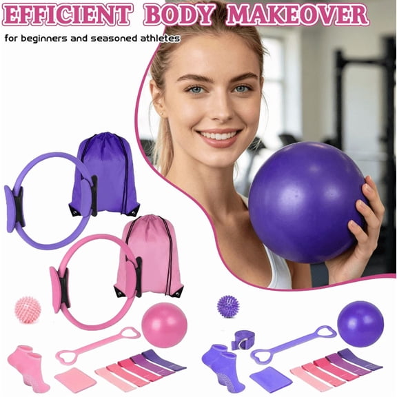 Pilates Exercise Kit 8Pcs Home Workout Fitness Equipment Set for Yoga Stretching Strength Training (8-Piece Set with Ring Bands Ball Backpack Socks)