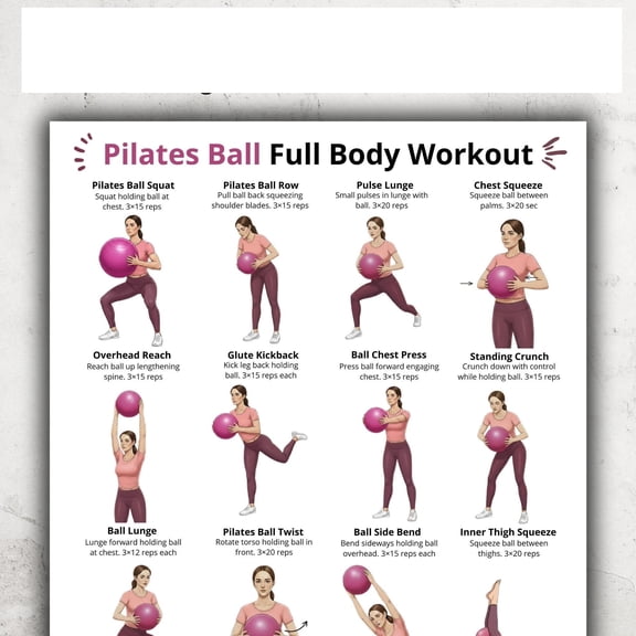Pilates Exercise Poster for Home Gym Workout, Canvas Pilates Poses Chart with White Margin