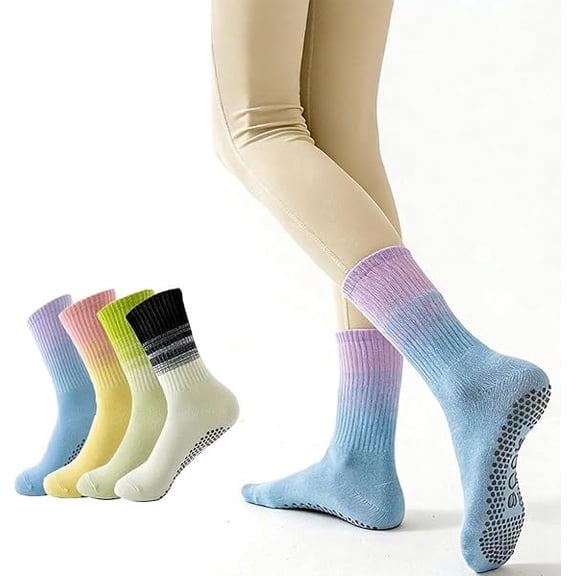 Pilates Grip Socks Women Non Slip – 4 Pairs Yoga Barre Slipper Socks with Grippers, Anti Skid Hospital Workout Socks for Home and Fitness