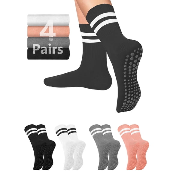 Pilates Grippy Socks with Grips for Women Men Non Slip Anti Skid Sticky Pure  Yoga Socks White Cute Crew Length for Ballet Dance Home Barefoot Workout Hospital Gripper Womens Socks