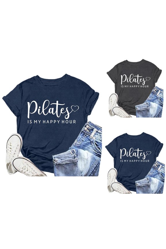 Pilates Is My Happy Hour T Shirts for Women 2025 Short Sleeve Crewneck Graphic Tee Shirt Womens T Shirts