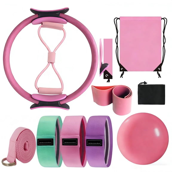 Angivlga Pilates Equipment Kit for Home Workouts - 15in Pilates Ring, Ball Set, Booty & Figure 8 Resistance Band - Pilates Essentials Kit for Women with Yoga & Strap - Portable Pilates Set