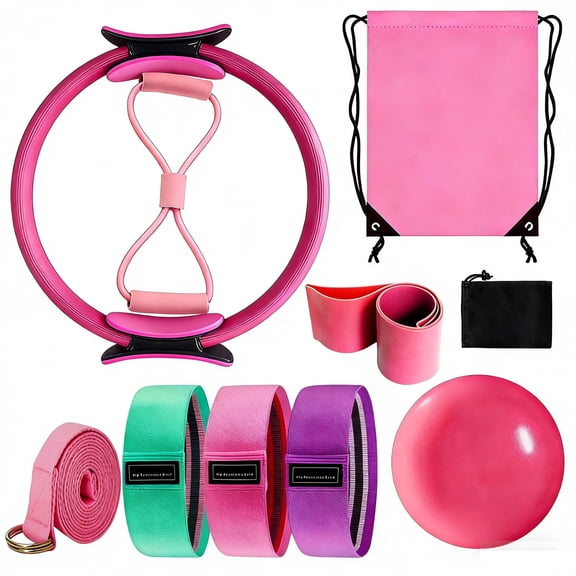 Pilates Equipment Kit for Home Workouts Angivlga  - 15in Pilates Ring, Ball Set, Booty  & Figure 8 Resistance Band - Pilates Essentials Kit for Women with Yoga  & Strap - Portable Pilates Set