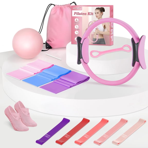 Pilates Kit, Home Yoga Pilates Workout Kit for Women13.5-Inch Pilates Ring with 1x Core Ball, 5X Resistant Loops and 3X Flex Bands, Arm Exerciser and Grip Socks