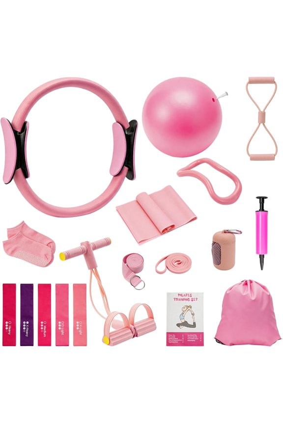 Pilates Kit, Pilates Workout Sets for Women, Home Pilates Kit with Pilates Ring and Ball, Grip Socks, 10-50 LB Resistance Band, Portable Cooling Towel, Carage Bag and Workout Guide