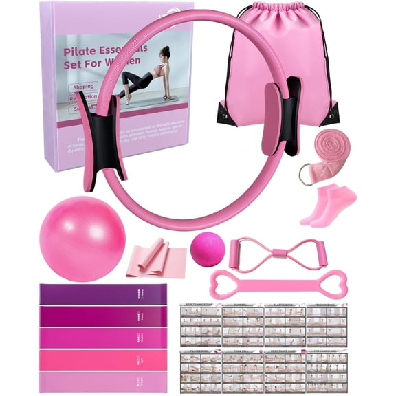 Pilates Kit for , Women Beginners Workout Essentials Set with 13" Ring, 9.8" Ball, Resistance Bands & Guide, 13/14/16 PCS Compact Pilates Equipment