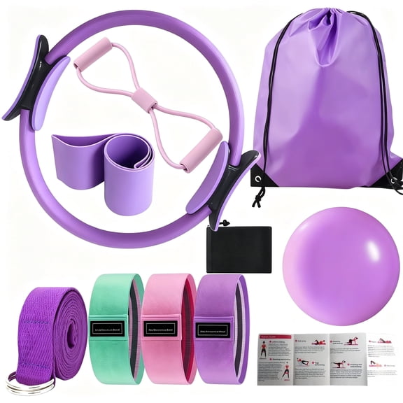 Pilates Exercise Kit with Resistance Bands, Pilates Ring and Ball, Home Fitness Workout Set for Yoga, Stretching and Strength Training, Purple