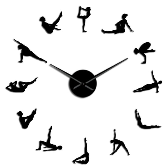 Pilates Poses Silouette Frameless Wall Clock Stickers, DIY Modern Decorative Clocks for Living Room, Bedroom, Office - Easy to Install, Large 3D Clock Design (Black,37in)