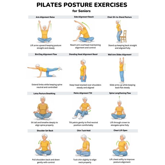 Pilates Posture Exercise Poster Suitable For The Elderly, Low Impact Alignment Program Poster, Senior Exercise Chart, Daily Posture Exercise Poster