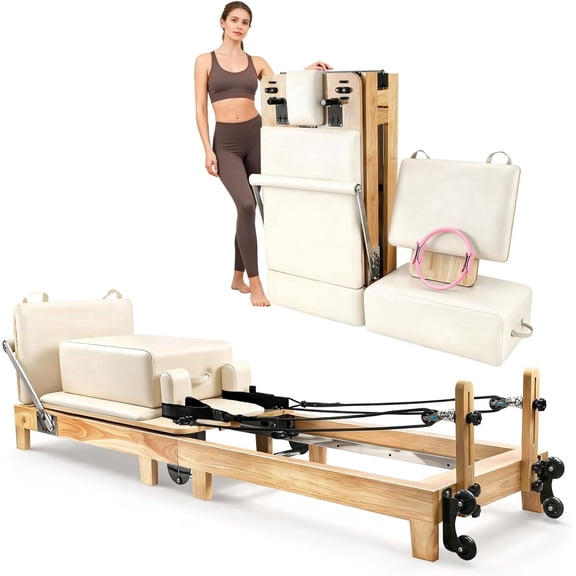 Pilates Reformer Machine 94.5 inch Foldable Oak Wood Quick Assembly Studio Grade with Adjustable Heights Reformer Accessories for Gym Home Beige