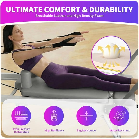 Pilates Reformer Machine - Foldable Fitness Equipment with 440 lbs Capacity and 3-Height Pulley Risers for Home, Apartment, and Studio