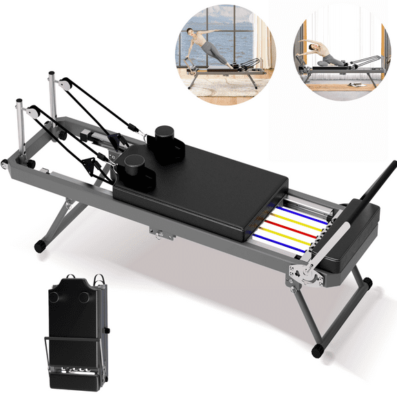 LuckyNote Foldable Pilates Reformer Machine with Resistance Cords, Home Gym Equipment, Black, 330 lbs Capacity