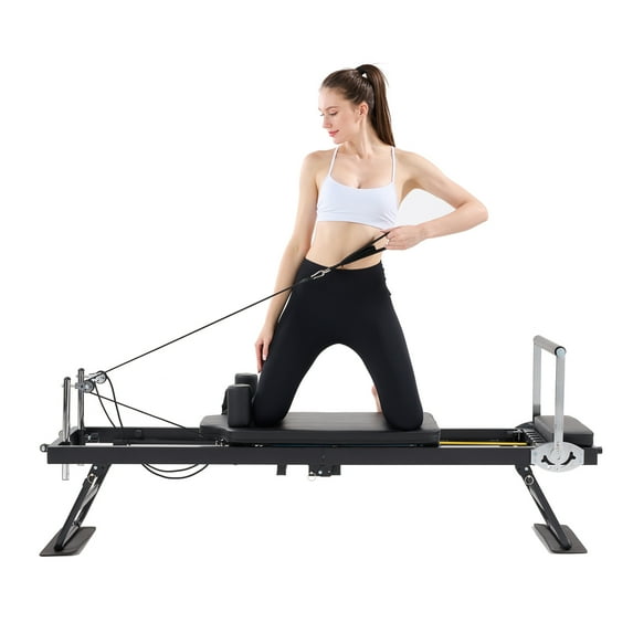 Pilates Reformer Machine , Foldable Pilates reformer Core Bed Equipment Machine for Home Gym Women Yoga Workout Indoor Pilates Exercise Equipment Black Core bed with 5 Resistance tubing for Beginner