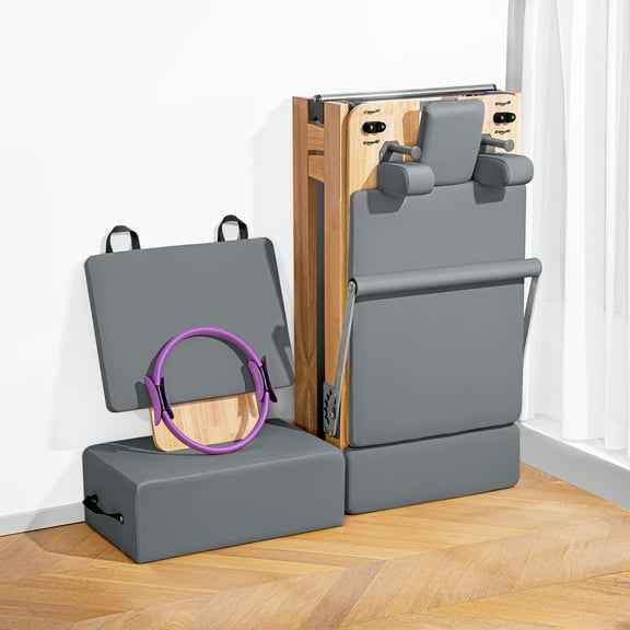 Pilates Reformer Machine, Foldable Studio Grade Pilates Equipment for Gym and Home Workout, Oak Wood Pilates Reformer with Reformer Accessories,Pilates Box, Padded Jump Board,Gray