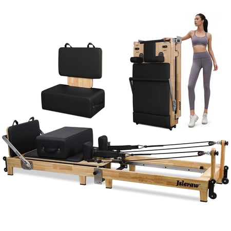 Pilates Reformer Machine - Foldable Wooden Reformer with Springs, Jump Board & Sitting Box | Home & Studio Use for Core Strength, Weight Loss | Oak Frame