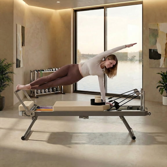 Pilates Reformer Machine for Home Gym Workout, Foldable Pilates Equipment with High Strength Alloy Springs for Beginners, Up to 330lbs,Beige