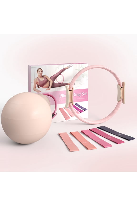 Pilates Ring Set  14" Anti-Deformation Circle with Padded Handles, Mini Ball, Resistance Bands, Focusing on Toning Inner Thighs, Arms, and Core