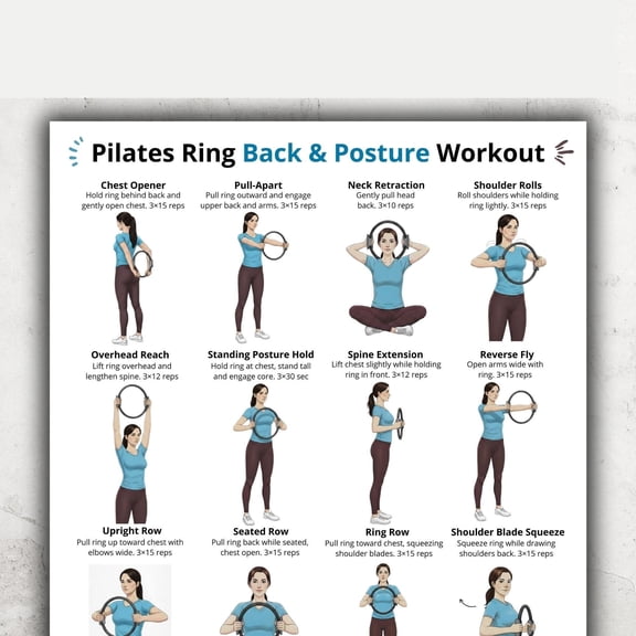 Pilates Ring Back Posture Workout Poster Upper Spine Shoulder Exercise Chart