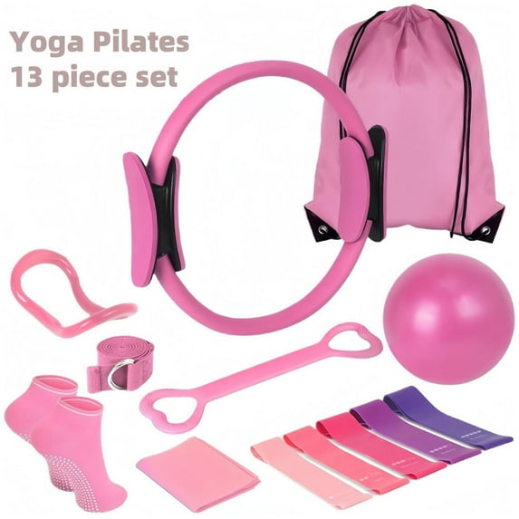 Pilates Ring and Ball Set, 13 Piece Yoga Pilates 13 Piece Fitness Set, Home Pilates Kit, Exercise Yoga Equipment Accessories, Pilates Equipment Kit Gifts, Pink