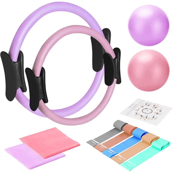 Pilates Ring and Ball Set with Resistance Bands - Pilates Equipment for Home Workout - 14'' & 12'' Pilates Rings, 2 Pilates Balls, 5 Resistance Bands,Guide