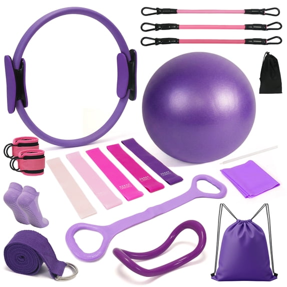 Pilates Ring Circle Set 18 Pcs Exercise Equipment Accessories for Women, Workouts Pilates Ball Stretching Strap for Women's Home Workouts & Beginners