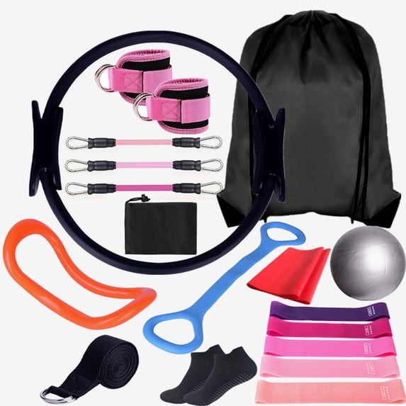 Pilates Ring Circle Set 18 Pcs Exercise Equipment Accessories for Women, Workouts Pilates Ball Stretching Strap for Women's Home Workouts & Beginners