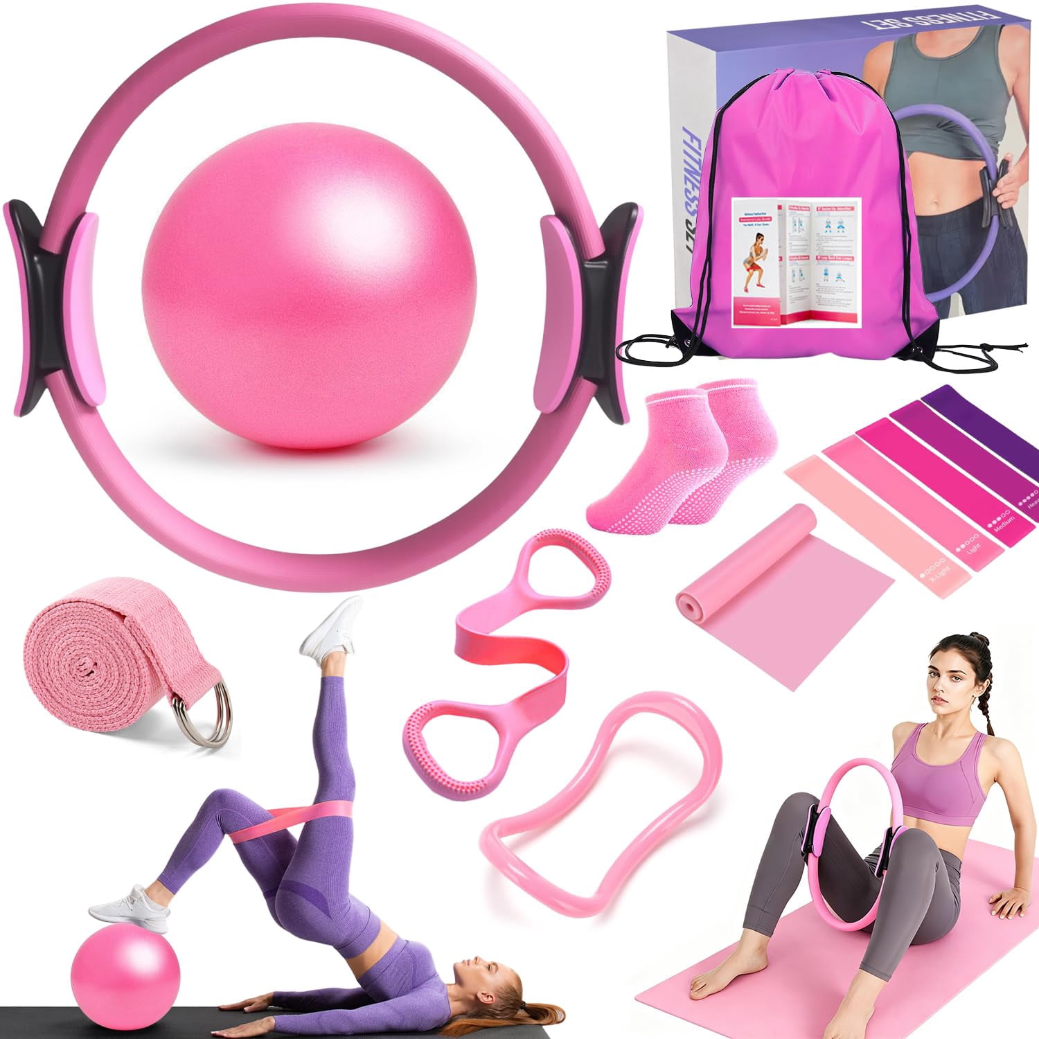 Pilates Ring Equipment Set  Home Kit For Women With 13'' Magic Dual Padded Handles Small Ball 5 Resistance Bands & Complete Fitness Guide Accessories