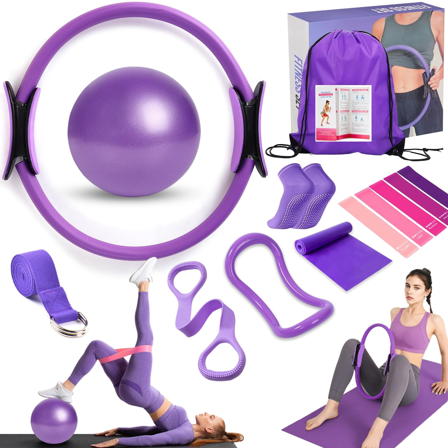 Pilates Ring Equipment Set  Home Kit For Women With 13'' Magic Dual Padded Handles Small Ball 5 Resistance Bands & Complete Fitness Guide Accessories
