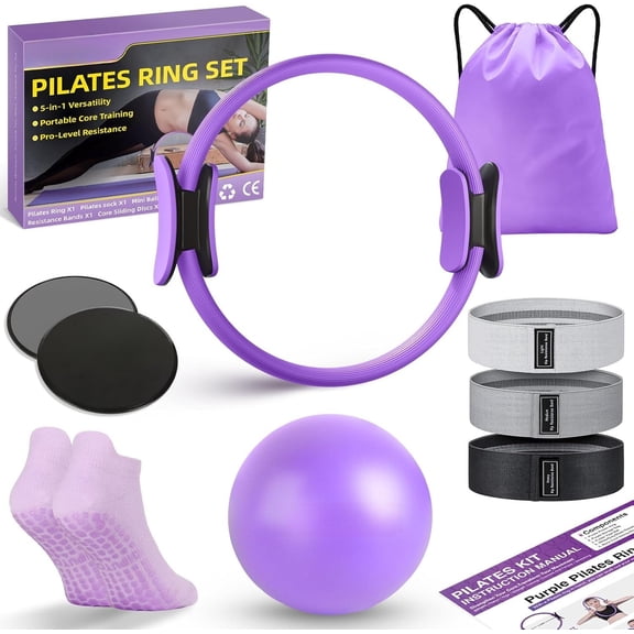 Pilates Ring Kit for Women, Pilates Equipment Accessories, Workout Set with Magic Circle, Mini Exercise Ball, Ankle Resistance Bands & Yoga Socks, for Fitness, Toning & Me Gifts